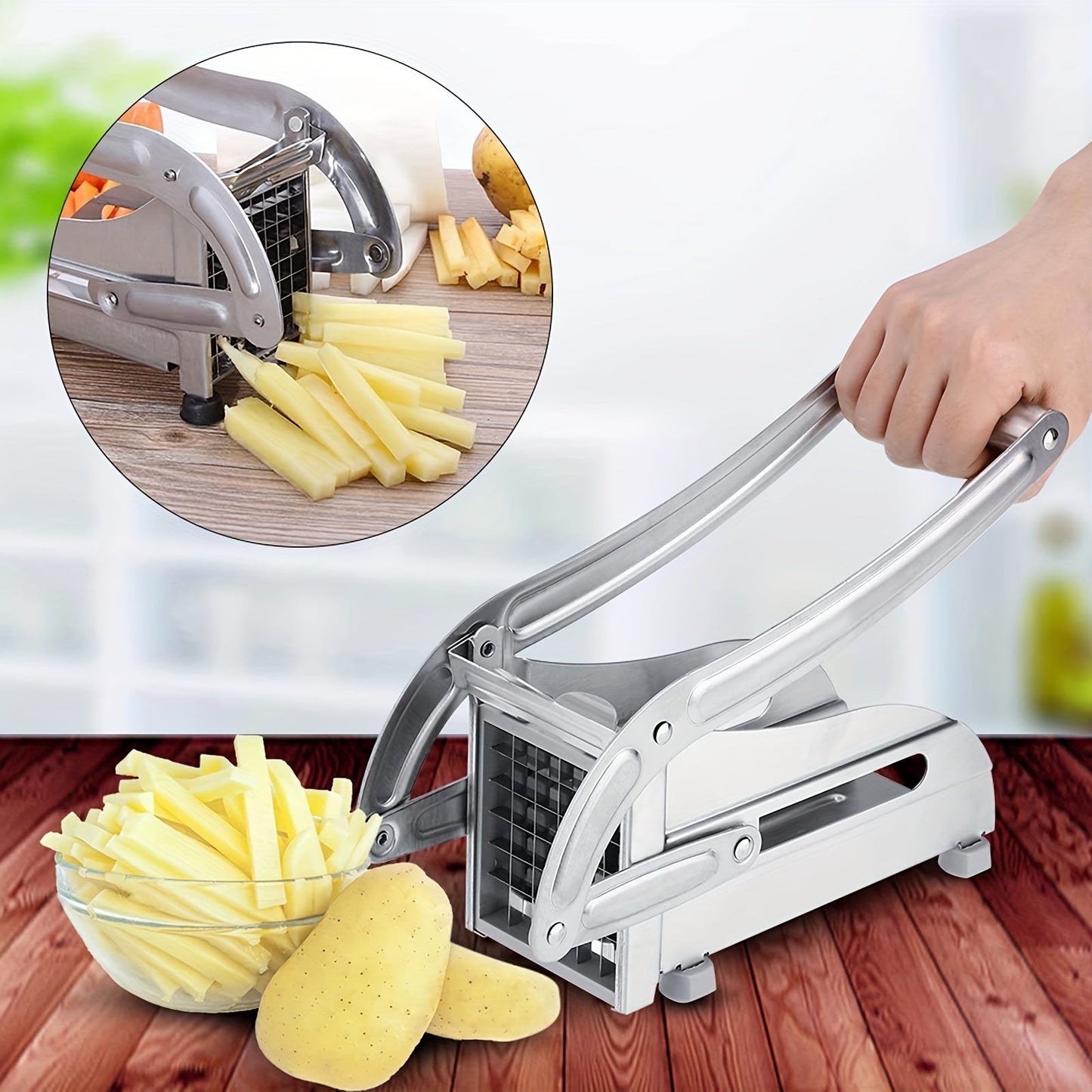 Best Choice for Holiday and Birthday Gifts: Stainless Steel French Fries Cutter with Non-Slip Grip, 1/2 Inch and 3/8 Inch Blades - Ideal for Home Kitchen or Outdoor Barbecue Cooking of Fruits, Potatoes, Radishes, Cucumbers, and Onions