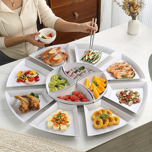 White flabellate serving plates set includes 8 pieces for dinner, dessert, salad, and pasta. Ideal for home, kitchen, restaurant, or hotel use. Perfect for serving dishes creatively.