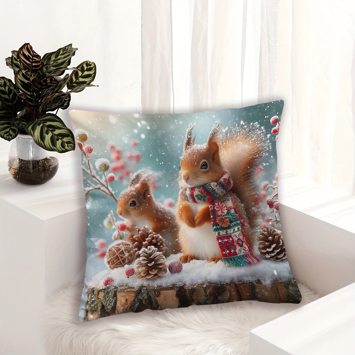 Festive squirrel family Christmas pillow cover in cozy cabin style. Made of machine washable polyester with zip closure. Perfect for home and sofa decor, ideal holiday gift. Insert not included.