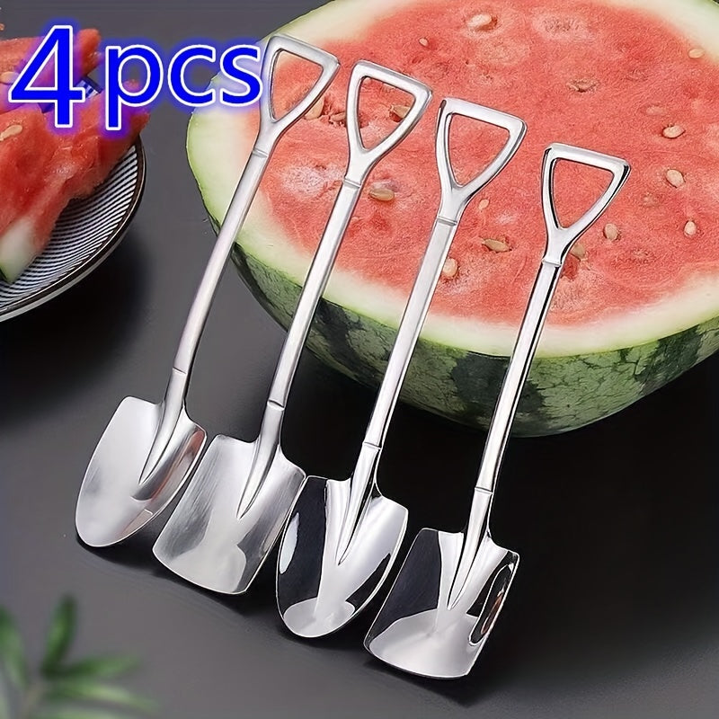 Set of 4 adorable stainless steel shovel spoons for dessert and fruit scooping in the home.