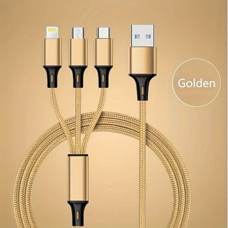 1.2M Nylon Braided Fast Charging Multi-function 3-in-1 Cable for IP/Type-C/Micro-USB, Compatible with Mobile Phones and Tablets