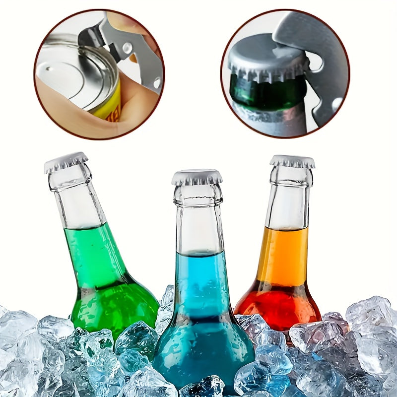 Portable stainless steel kitchen tool that functions as a versatile can opener and bottle opener, available in multiple colors.