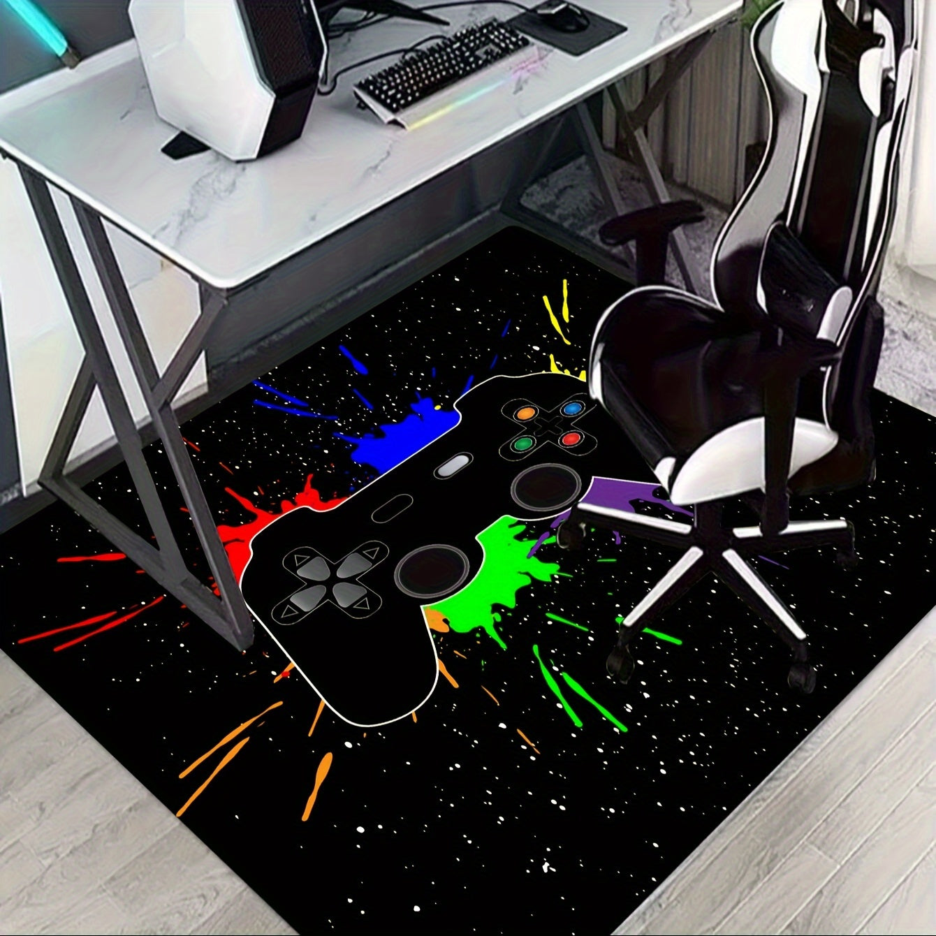 Enhance your gaming setup with a 1pc gaming area rug featuring a gamepad controller theme. This cyberpunk stylish washable mat is perfect for your living room, bedside, or e-sports room, adding a touch of flair to your home decor.