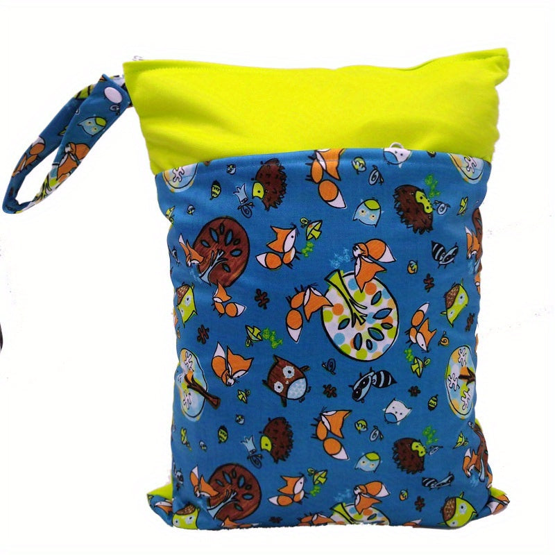 A versatile wet/dry bag that is waterproof and reusable, perfect for storing cloth diapers and breast pump parts. Features two zippered pockets, a convenient handle, and can be used as a beach, pool, gym, or stroller bag. Also great for organizing