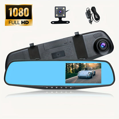 1080P HD Car Dashboard Camera with Night Vision, Dual-Screen, Front & Rear recording, 64GB memory, easy stick-on mount, PC compatible, for all vehicles.