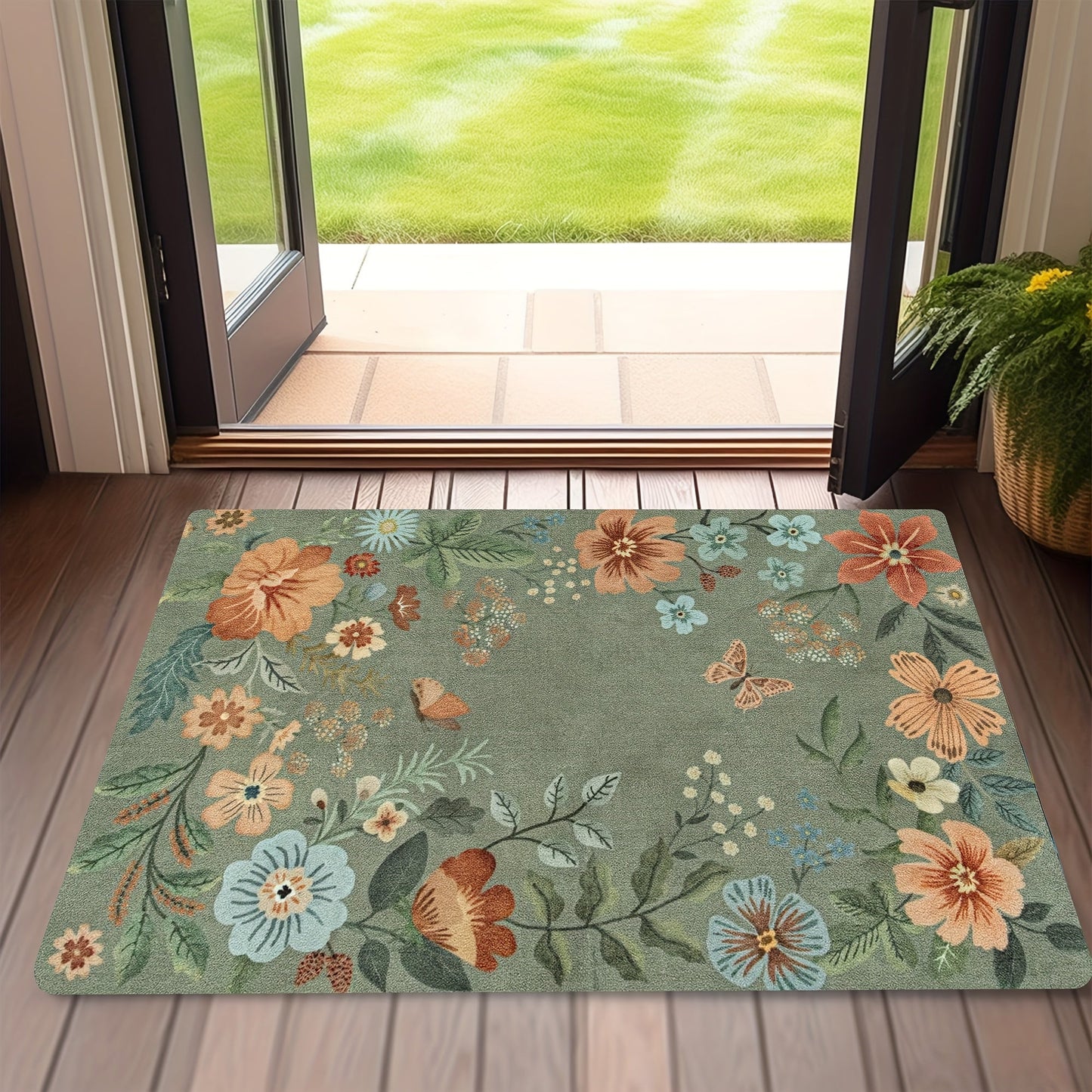 Durable Polyester Entrance Doormat with PVC Backing - Soft, Washable Floral Design for Entryway, Bathroom, Bedroom, Living Room, Laundry - Anti-Fouling, Bohemian Style Rug