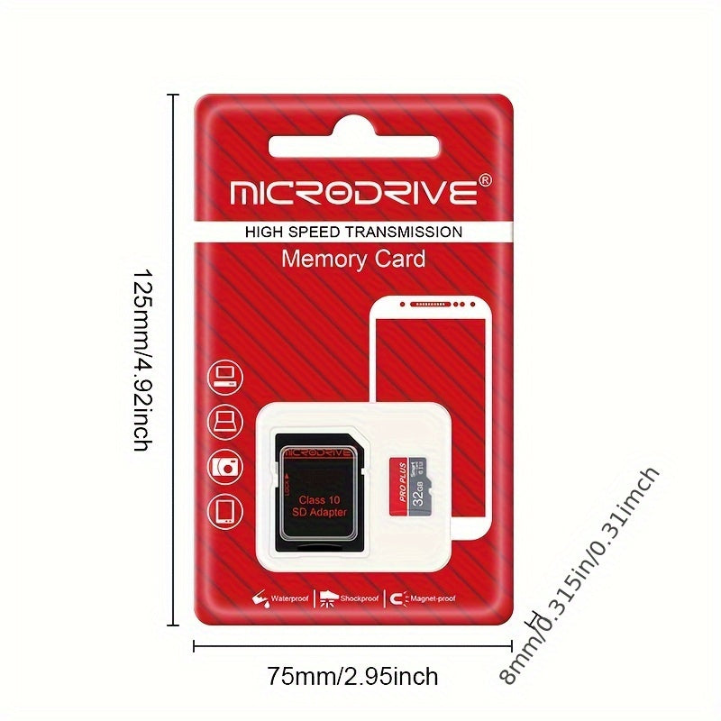 MicroDrive High-Speed U3 Class 10 Memory Card in Gray Red, available in various sizes with SD Adapter. Ideal for smartphones and tablets. Can also be used as a Micro SD Card Adapter. By