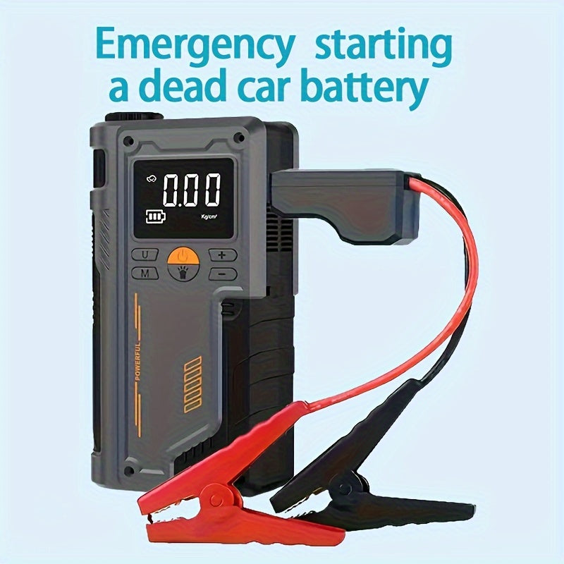 Portable car inflator pump with emergency night light and wireless power supply. Features 8000mAh lithium battery for tire inflation and emergency use.