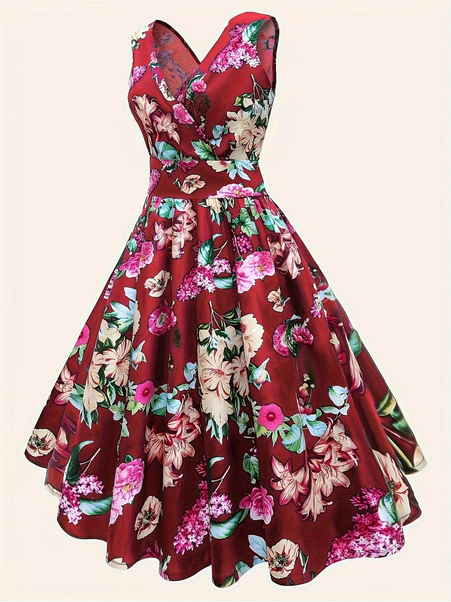 Floral print V neck tank dress for spring & summer, elegant sleeveless A-line dress for women