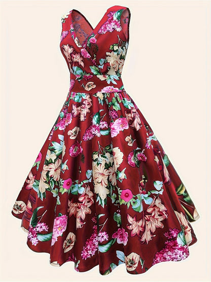 Floral print V neck tank dress for spring & summer, elegant sleeveless A-line dress for women