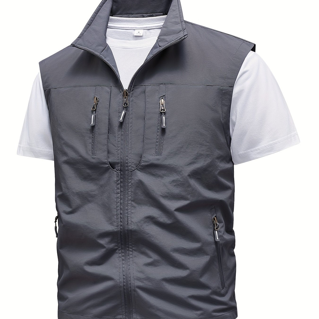 Men's Solid Color Stand Collar Cargo Vest for Spring and Summer