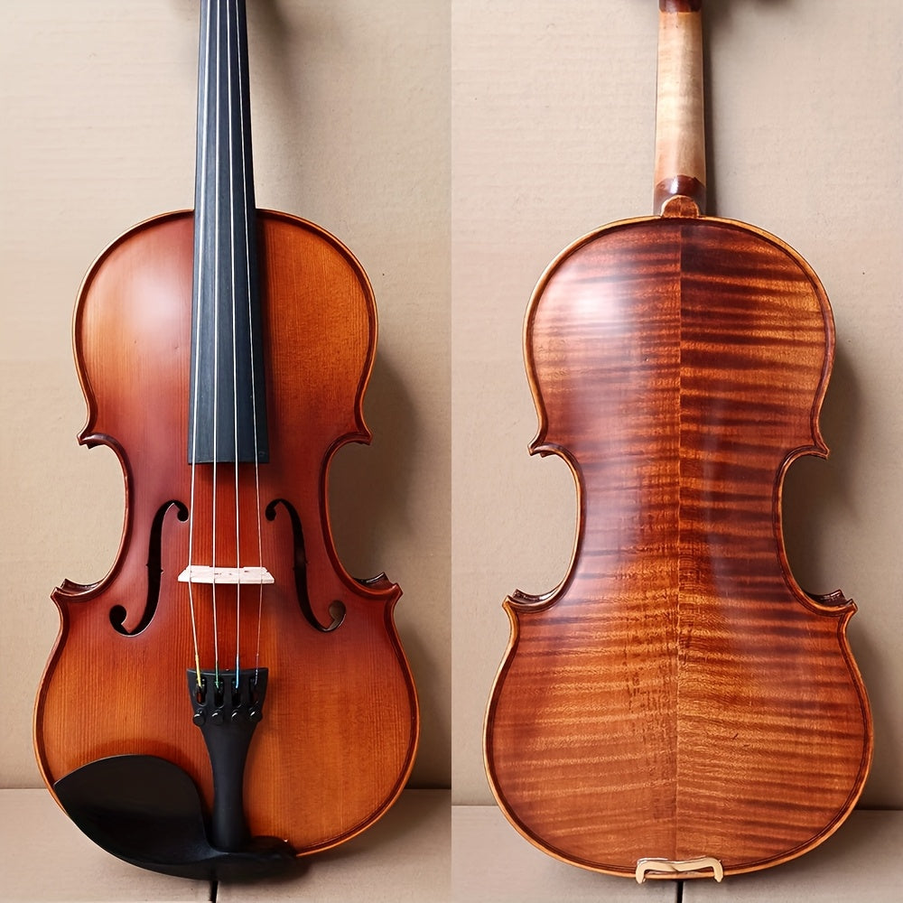 Complete violin ensemble with classic design and fine craftsmanship, includes L&K K-10 Tiger Stripe Maple Wood Violin Set, 4/4 Full Size 1716 Replica, Olive Brown with Spruce Top, Ebony