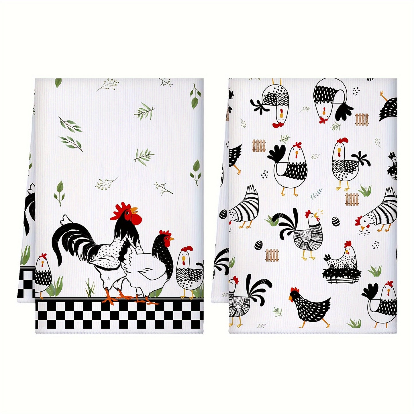 Two buffalo plaid rooster hens printed hand towels for farmhouse rustic style decor and kitchen cleaning.