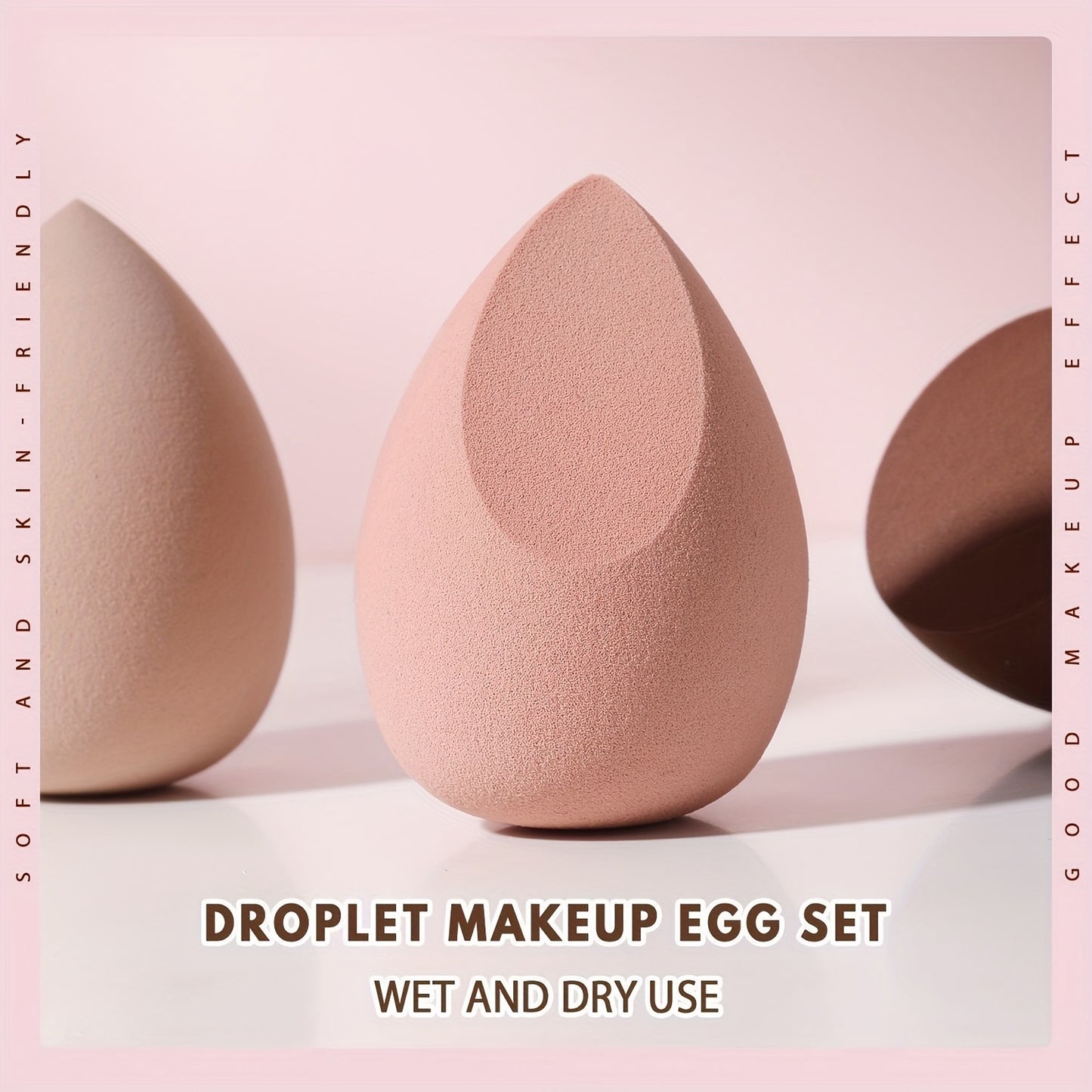 Set of 3 makeup sponges for dry and wet use, expanding egg-shaped cosmetic sponges for foundation and concealer application.