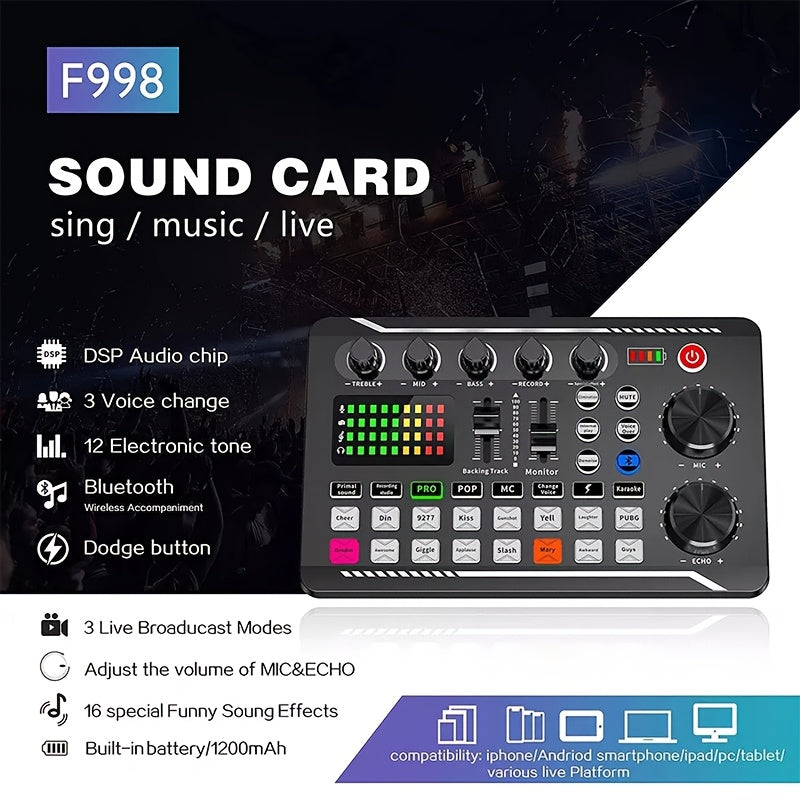 1pc F998 Live Sound Card with DJ Mixing Effects, Vocoder, Rechargeable Battery, USB Audio Interface - Podcasting, Live Streaming, Gaming - Plastic, Black, Dual Power Mode.