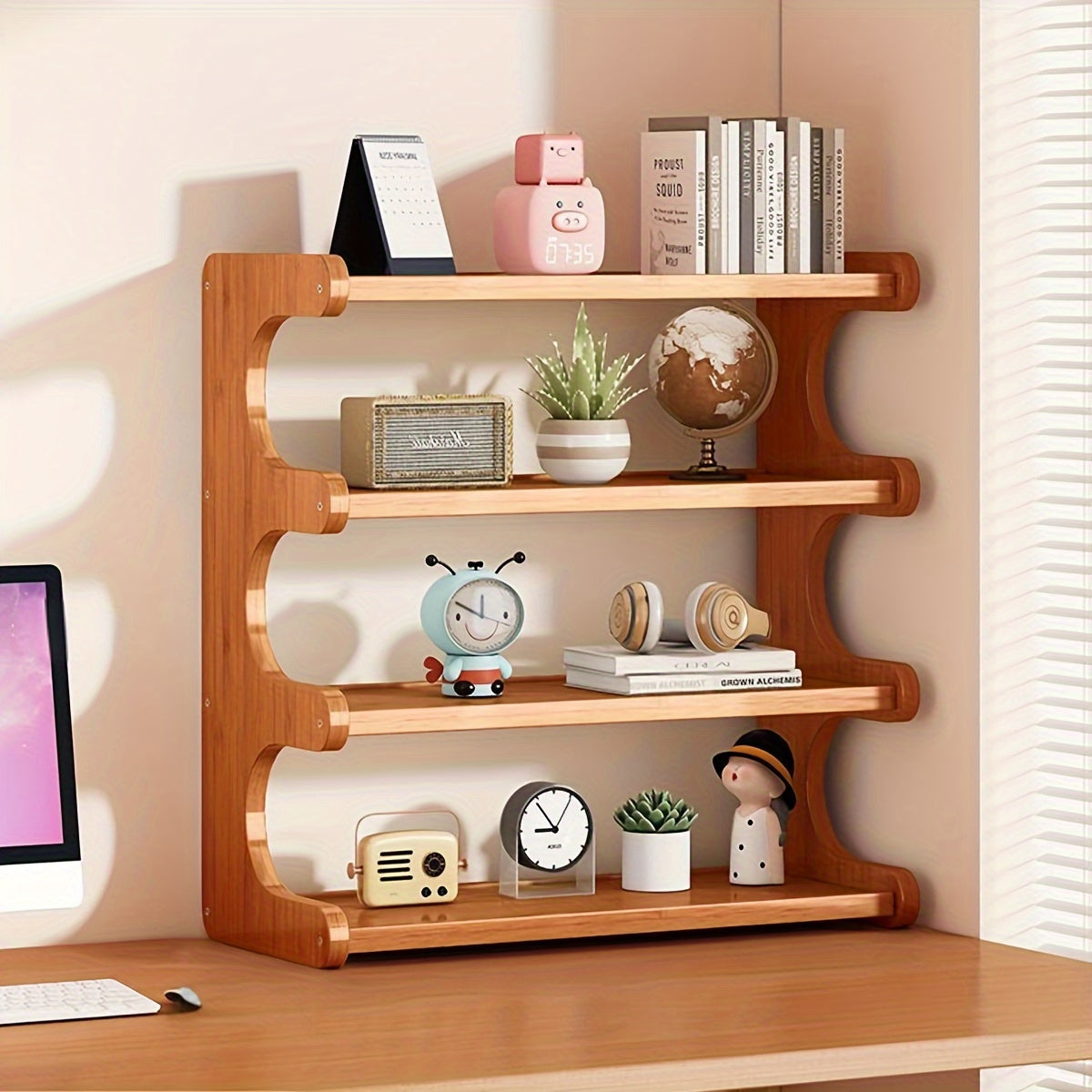 Curved Bamboo Desktop Stand with 4 Layers for Small Countertop Storage and Home Decoration, Multifunctional and Space-Saving Display Rack, Dimensions 20*50cm