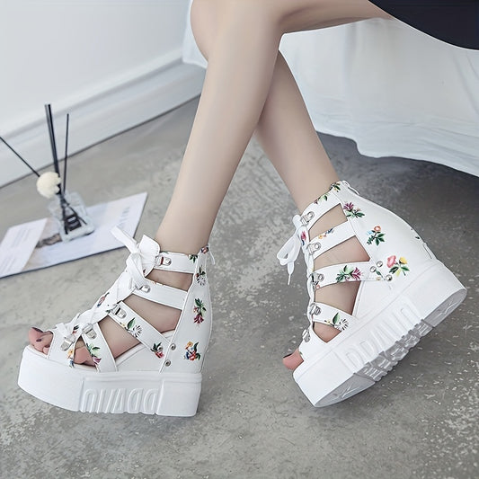 Flat, lace-up fish mouth high heeled sandals with thick sole.