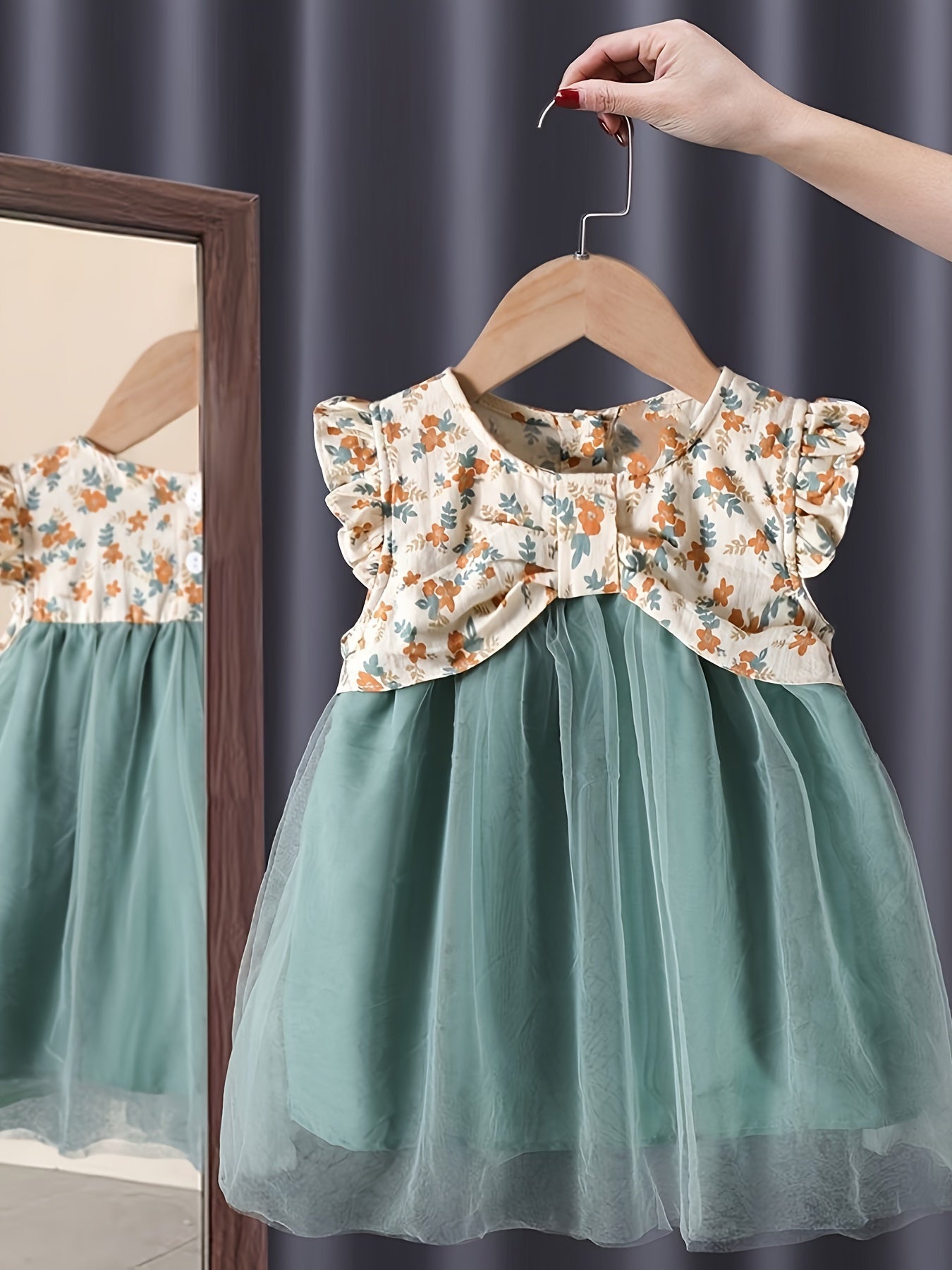 Spring/Summer Flower Print Ruffle Trim Tulle Dress for Girls