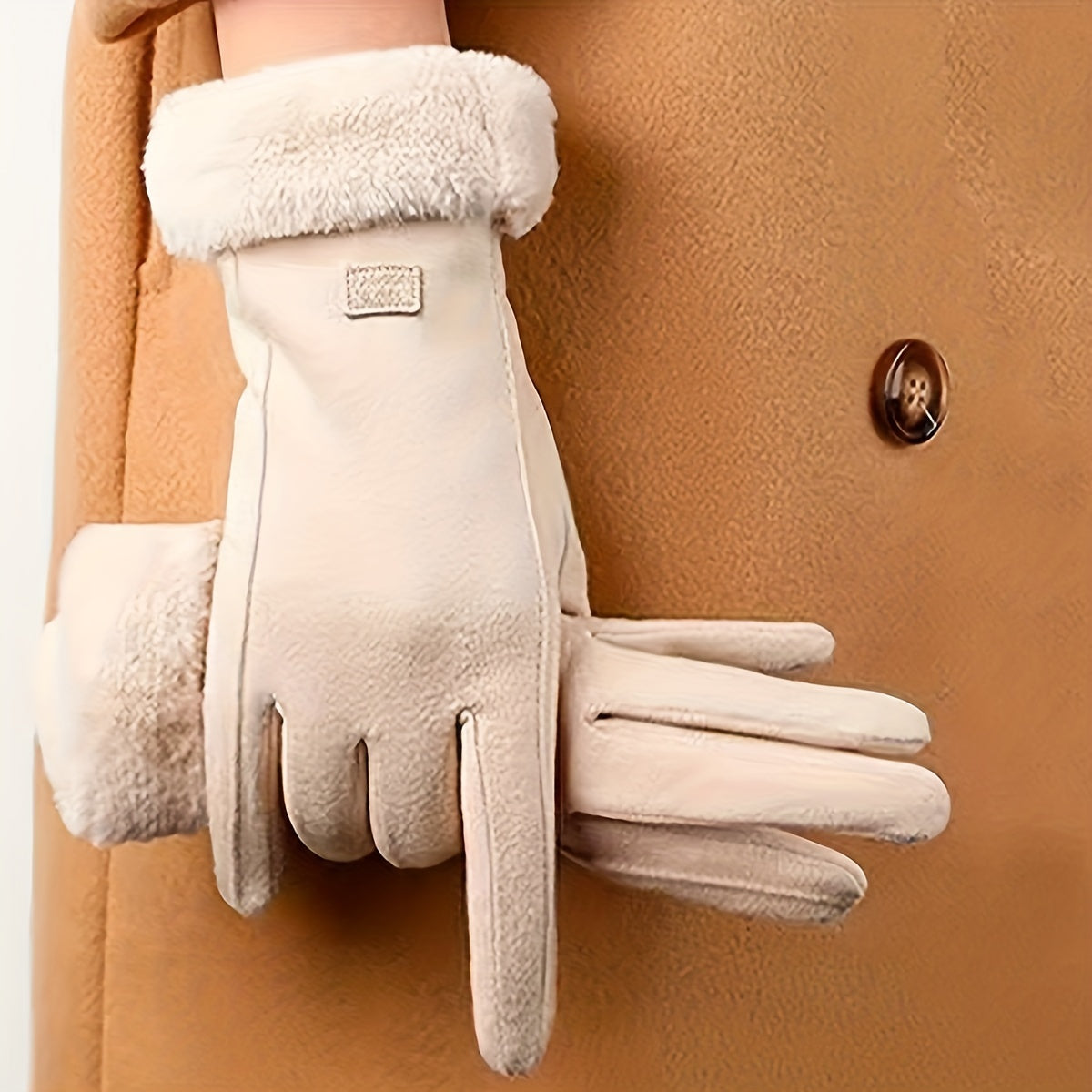 Warm and comfy beige touchscreen gloves for women with a plush lining to keep hands cozy in the winter featuring a full finger design.