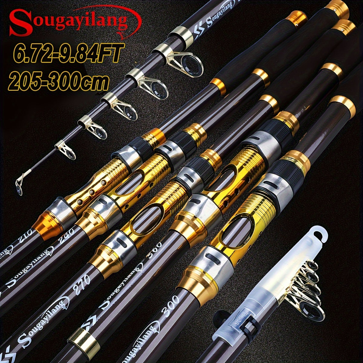 Sougayilang Telescopic Spinning Fishing Rod, 207.87cm to 294.74cm, Golden Carbon Fiber, Medium Action, Freshwater & Saltwater.