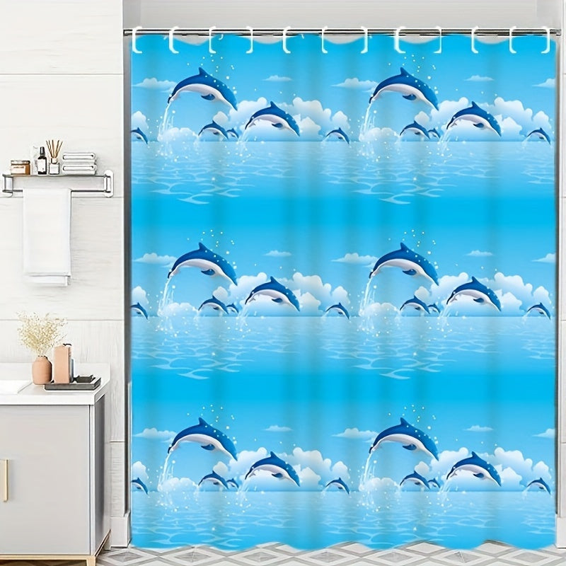 Playful dolphin shower curtain made of waterproof PVEA fabric in blue with white clouds design. Comes with hooks, measures 180.14cmW x 180.14cm L. Ideal for all seasons bathroom decor. Great for bathrooms.