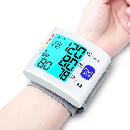 The ALPHAMED U60K Digital Wrist Blood Pressure Monitor is a sleek white and gray device with 2x90 readings. It is battery-powered with a start/stop function and includes a protective case.