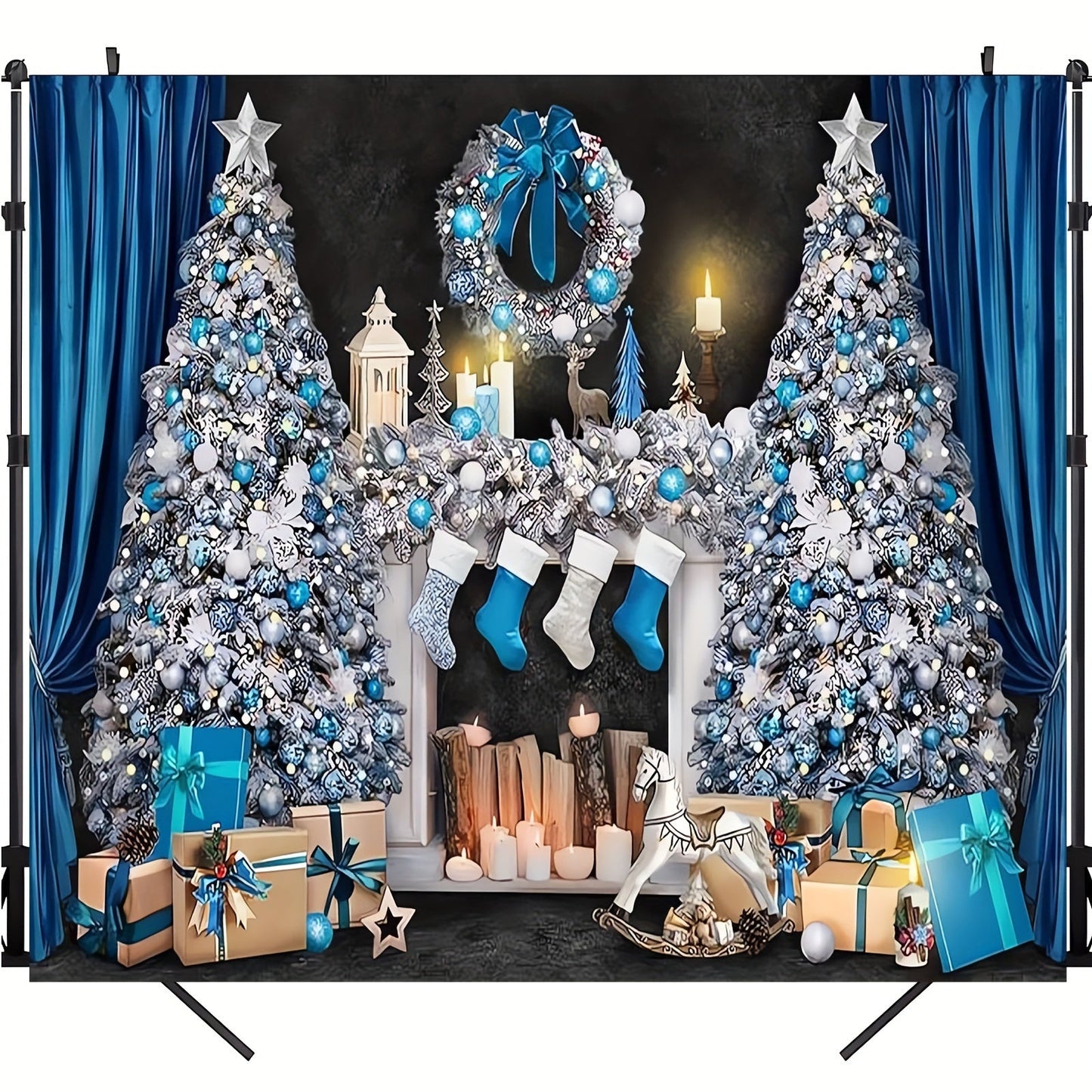 Retro Blue and White Christmas Mantelpiece Scene with Presents and Tree - Ideal for Photo Booths, Events & Decorating Your Home