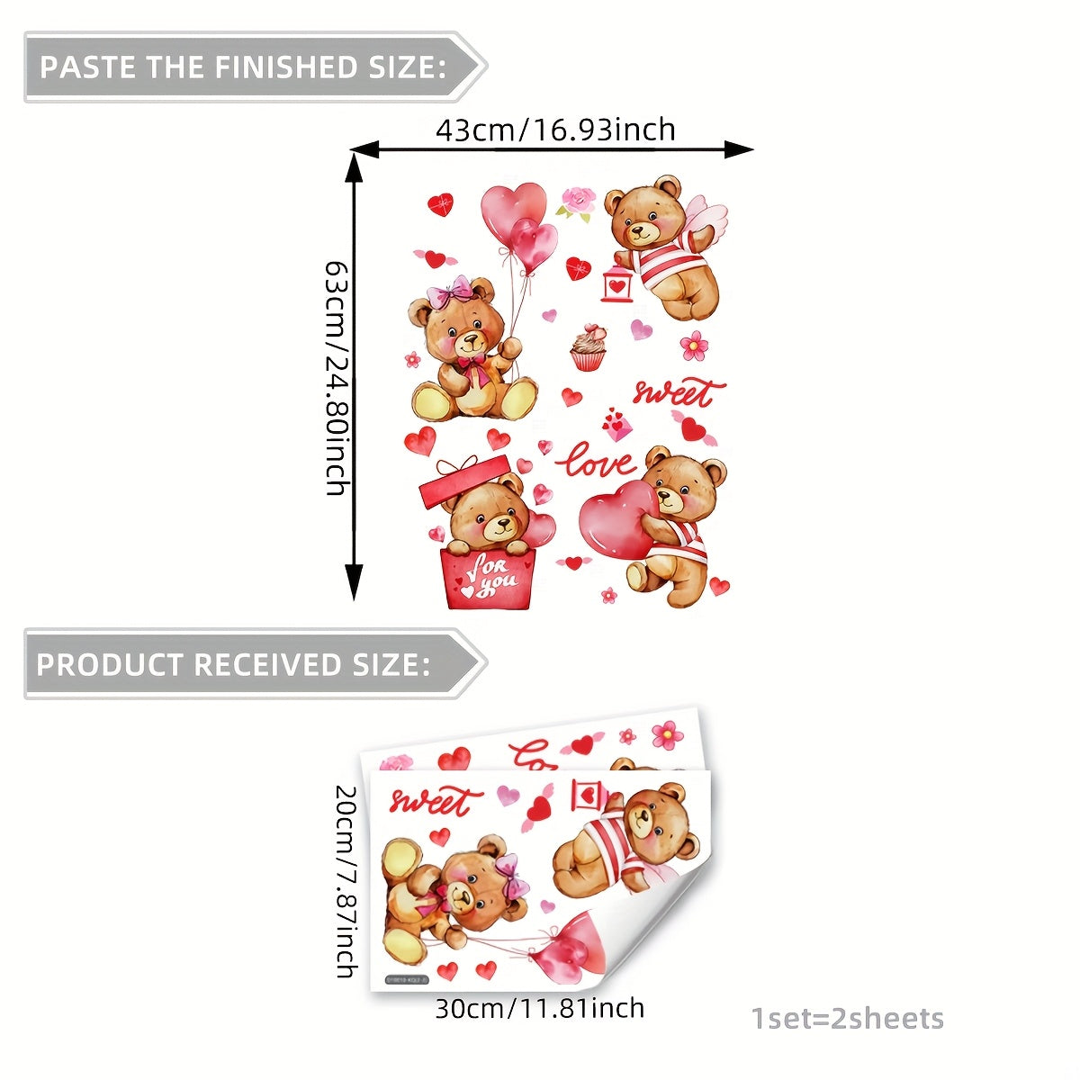 Valentine's Day Teddy Bear Heart Balloons Window Stickers - 2 Sheets, Made of Reusable PVC, Static Cling for Easy Application, Double-Sided Design for Enhanced Visual Appeal, Perfect for Holiday Decor, Model D10010-KQ.