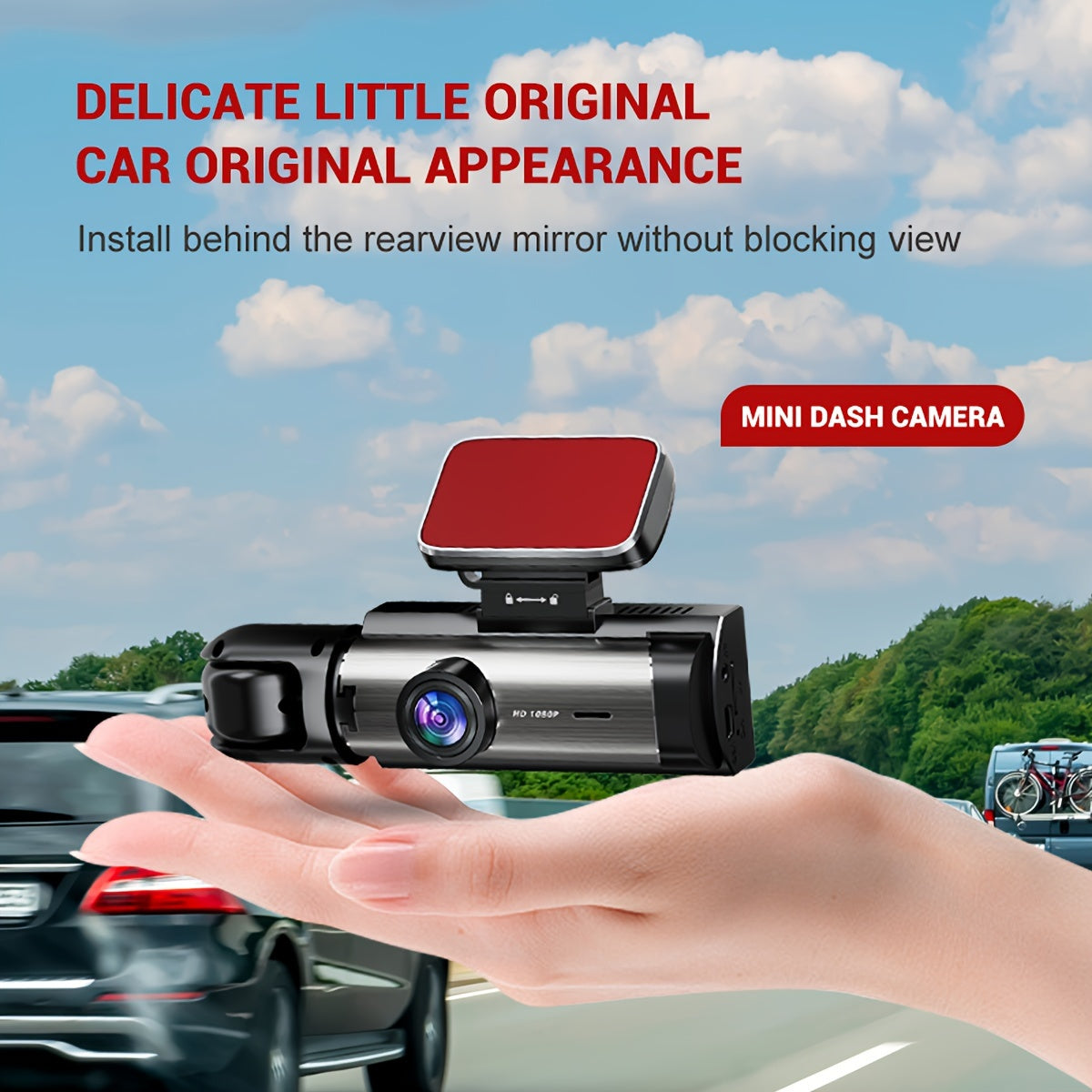 Dual camera dash cam for cars with 1080P resolution, IR night vision, loop recording, wide angle lens, and 8.03 cm IPS screen.