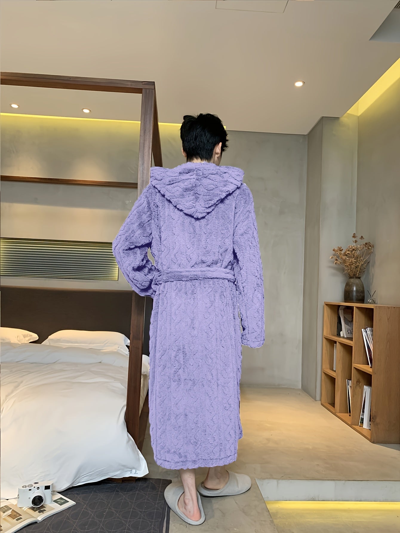 Men's hooded fleece robe for autumn and winter comfort. Soft plush texture, machine washable.