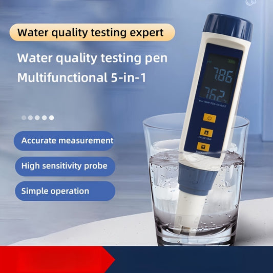 5-in-1 Water Quality Testing Pen with pH range 0-14pH. Large colorful screen. Measures pH/TDS/EC/Temp/Salinity. Battery operated. Non-rechargeable button batteries <20mm. Industrial