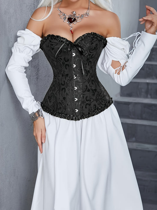 Stylish black lace-up corset with steel buckles for tummy control and waist cinching. Off-shoulder design suitable for bridal gowns and court attire. Made of a blend of polyester and