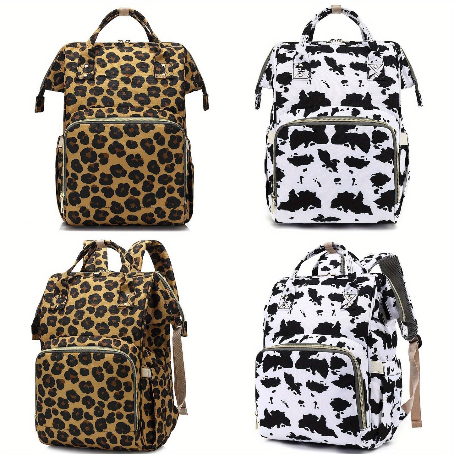 Versatile Diaper Bag Backpack with Stroller Hook, Perfect for Both Parents, Spacious and Stylish with Cow Print and Leopard Print Design - A Must-Have Travel Essential.