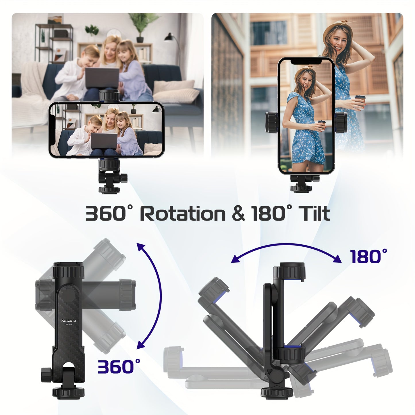 Mobile phone holder tripod with 2 cold boots, 360-degree rotation, compatible with all smartphones.