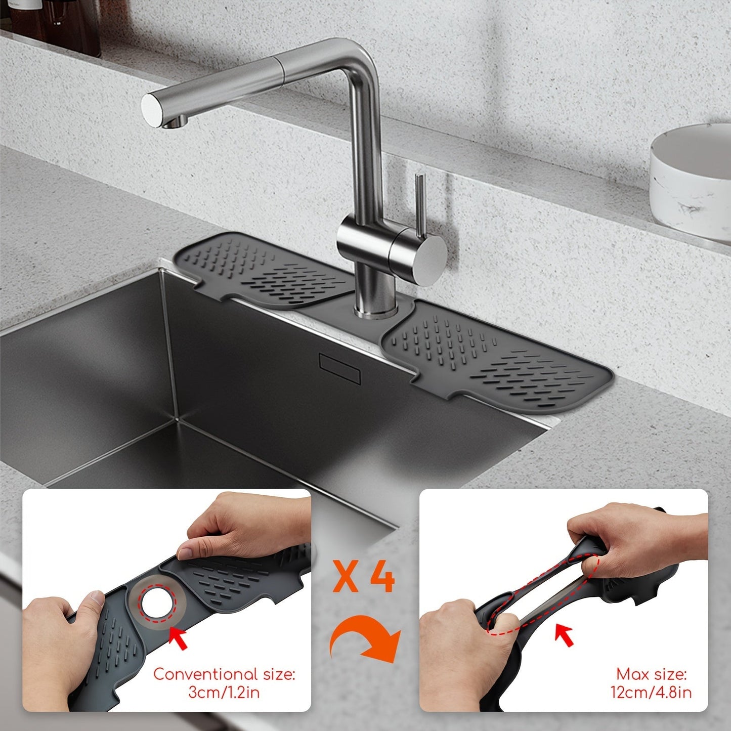 Silicone sink accessories including a splash pad, faucet pad, drain pad, and handle drip tray, ideal for kitchen and bathroom use