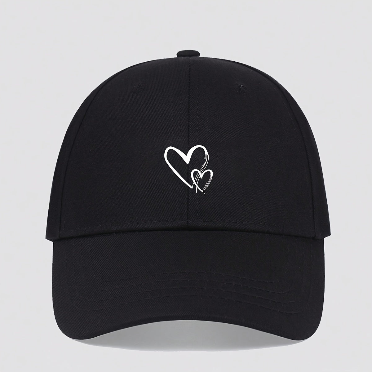 Women's Adjustable Baseball Cap with Love Heart Print - Black Sun Hat for Travel, Vacation & Casual Attire, Breathable Polyester Design