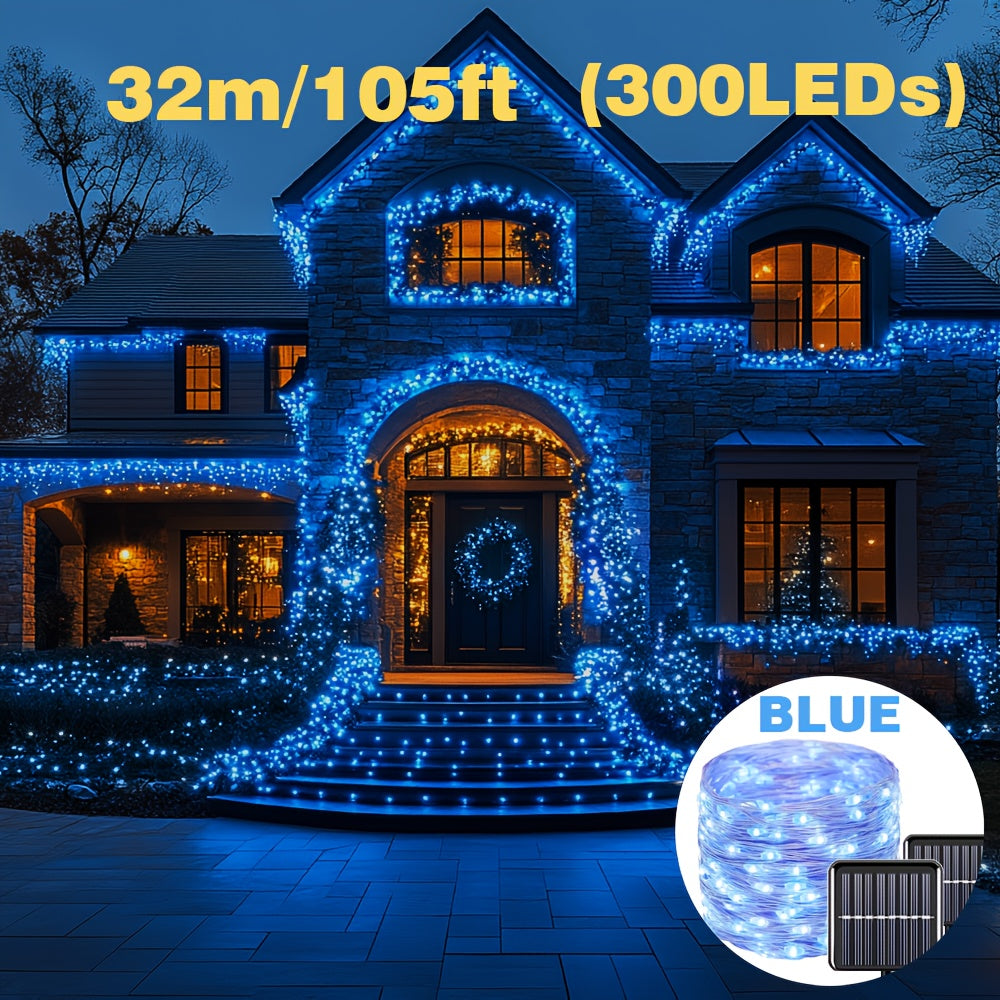 Decorate your tree, Christmas, wedding, or room with our adjustable solar string lights in white and blue LEDs.