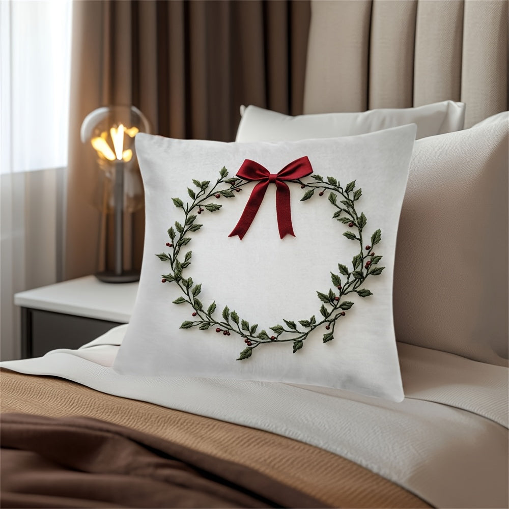 Embroidered Mistletoe Wreath Pillow Cover, made of 100% Polyester. Features Square Zippered Cushion Case, Double-Sided Short Plush. Machine Washable. Perfect for Christmas & Easter Decor. Suitable for age 14 and up. Pillow not included.