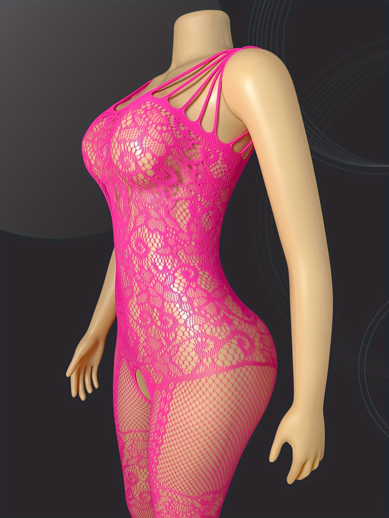 Women's Sexy High Stretch Hollow Bodysuit with Floral Lace Pattern and Sheer Mesh, made of Breathable Polyamide Knit Fabric with Full-Length Open Crotch Design.