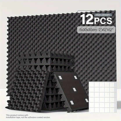 12-pack acoustic foam panels for music studio with high-density soundproofing foam tiles in egg crate design, suitable for walls, doors, and ceilings in black, white, and grey.