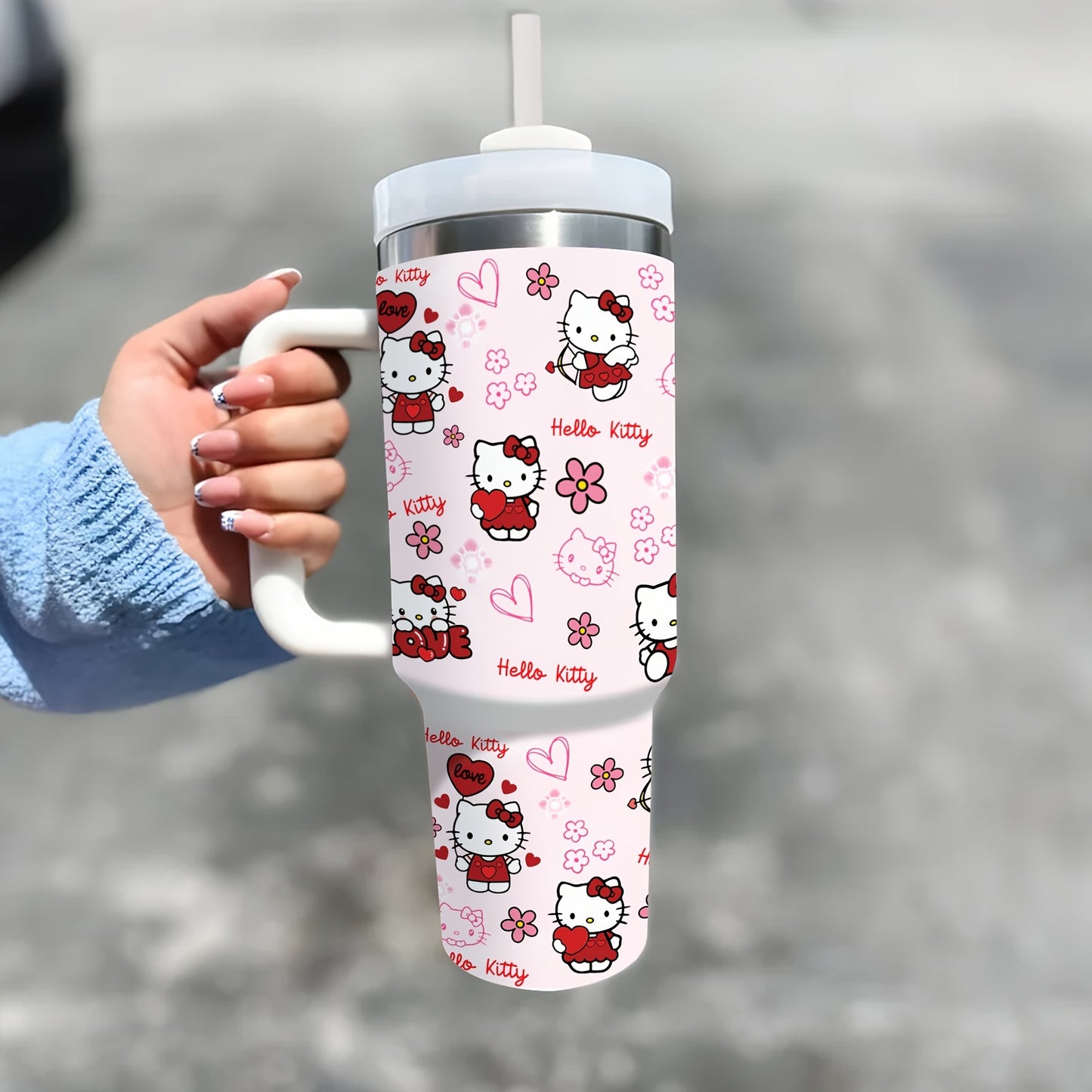 1pc Sanrio Hello Kitty 40oz Stainless Steel Tumbler with Handle, Insulated Travel Mug with Straw, BPA-Free, Hand Wash Only, Round Shape, Christmas Gift for Family and Friends