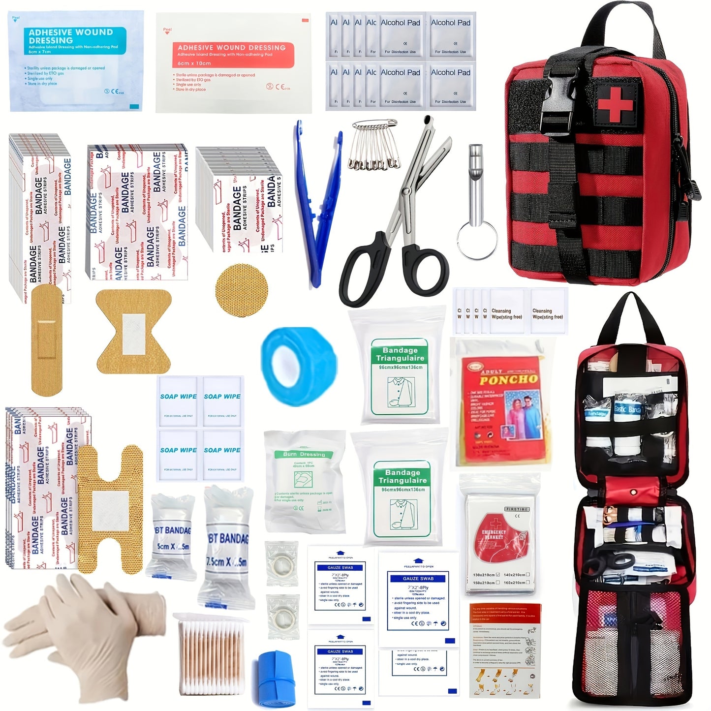 205-piece universal first aid kit suitable for various settings such as home, school, outdoor activities, hiking, car travel, and camping. Contains quick response first aid essentials