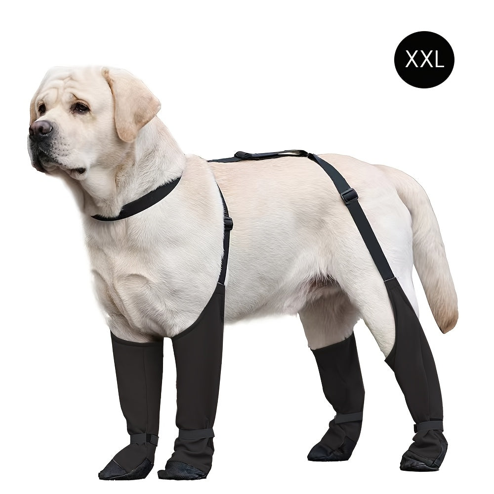 Durable, adjustable waterproof dog boots with warm linings and reflective safety features. Machine washable, suitable for all seasons and all size breeds. Designed for outdoor use with