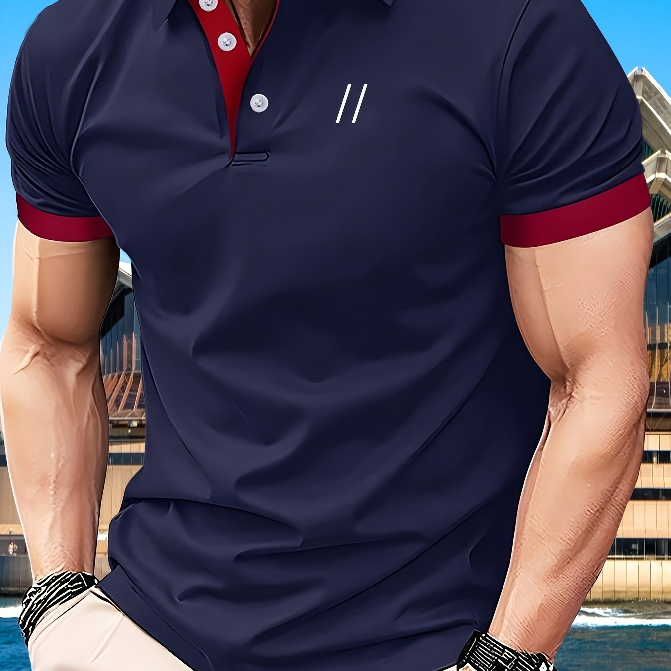 Men's short sleeve athletic polo shirts featuring a two slashes pattern and retro style button up design, ideal for summer business attire.