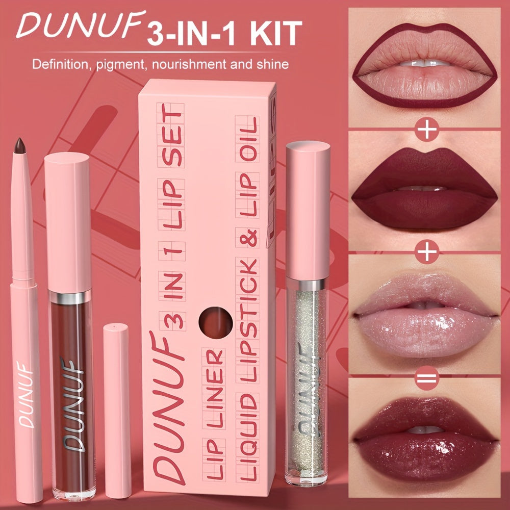 DUNUF 3-in-1 Lip Set includes velvet matte lip gloss, lip liner pencil, and lip oil, suitable for all skin types and waterproof.