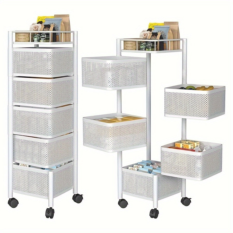 Square 4-tier metal rotating storage rack on wheels for kitchen and bathroom. Golden tube frame, pre-assembled for convenience.