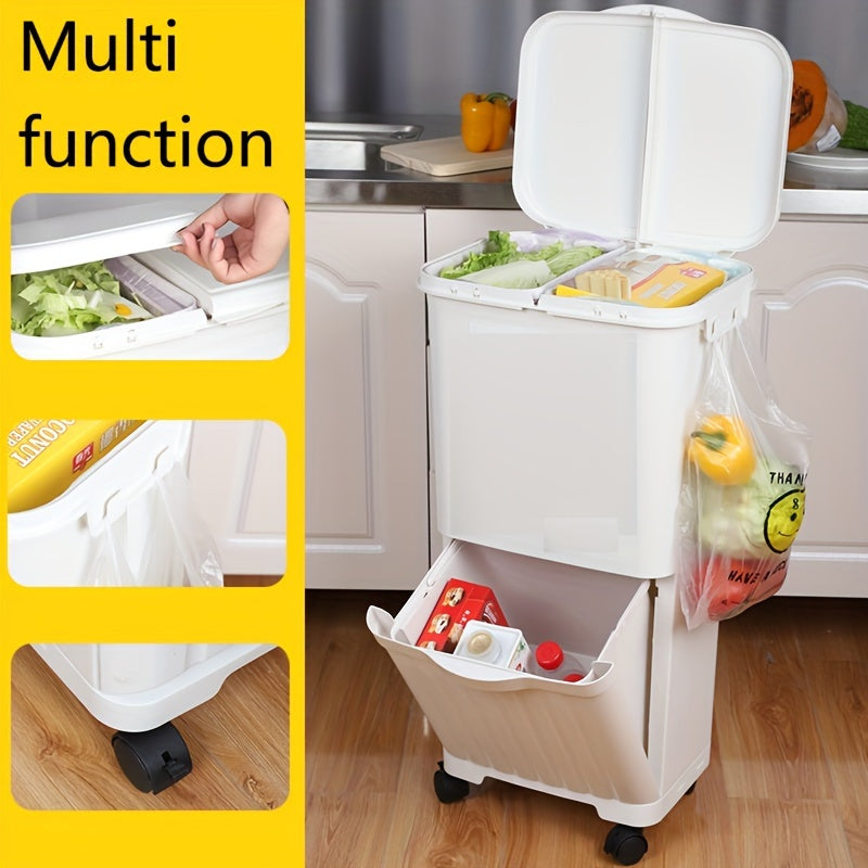 Spacious Trash Can with Two Compartments and Lid - Resistant to Odors, Easily Portable for Kitchen and Home Waste Sorting, Recycling, Dry and Wet Waste Separation, and Storage.