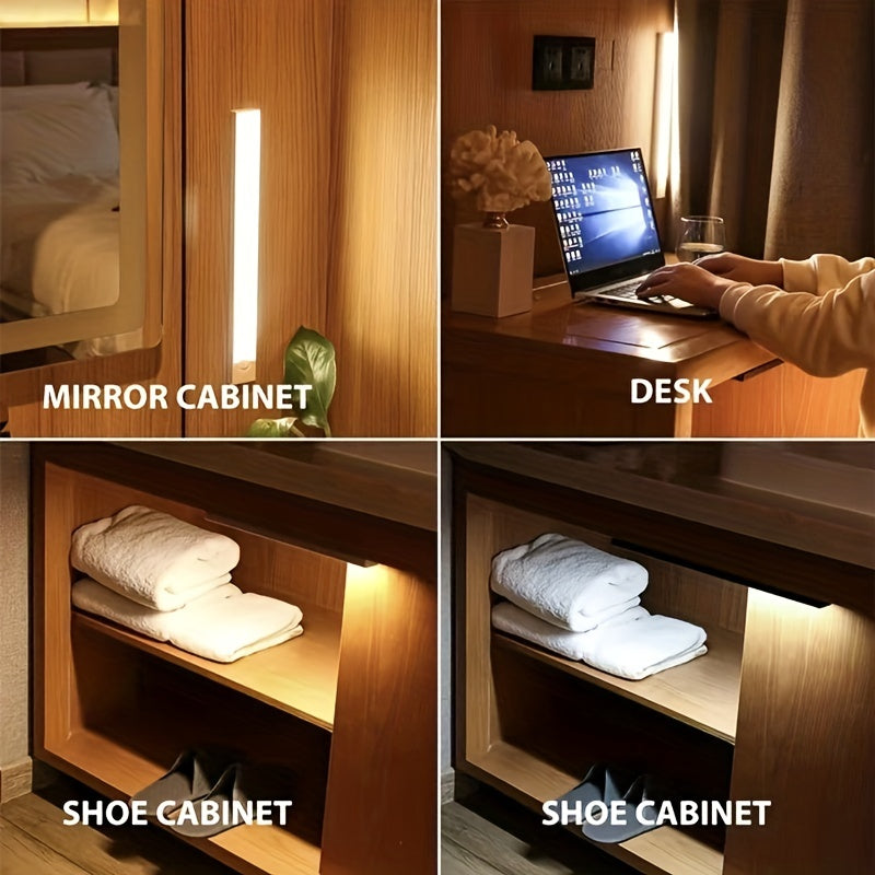 The 1pc LED Motion Sensor Cabinet Light is perfect for lighting up your under counter closet. This wireless magnetic light is rechargeable via USB and is perfect for use in the kitchen at night. It is battery powered and ideal for wardrobe closets