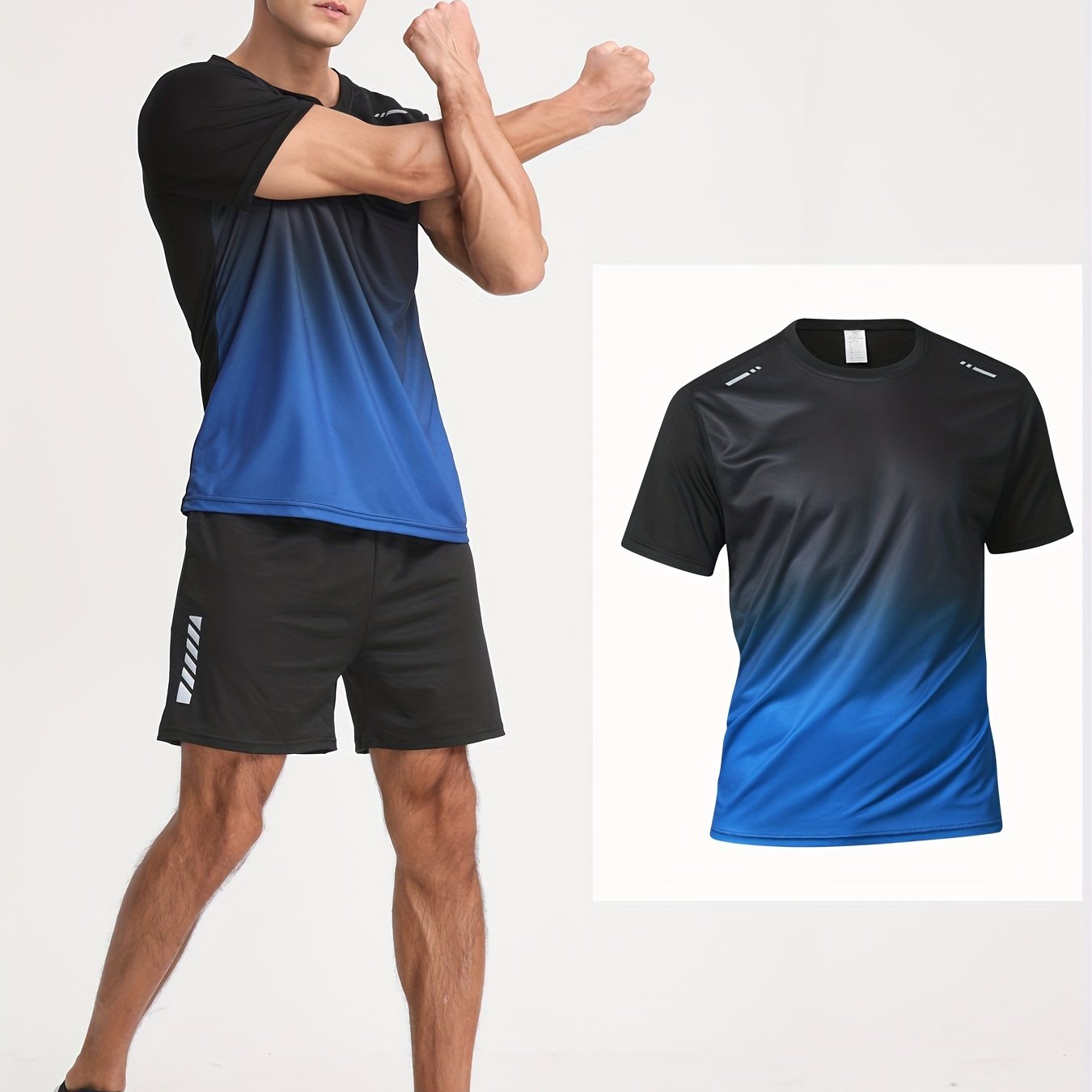 Men's Gradient Color Short Sleeve T-Shirt in Black to Blue Gradient, made of lightweight polyester material. Features a round neck, machine washable, and a loose fit for casual attire.