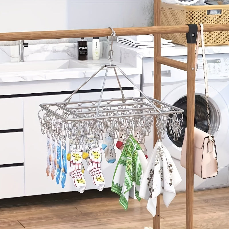 Hanging Clothes Dryer made of Stainless Steel with 35 Clips, Space-Saving Design, Windproof Metal Hanger with Swivel Hook for Indoor & Outdoor Drying